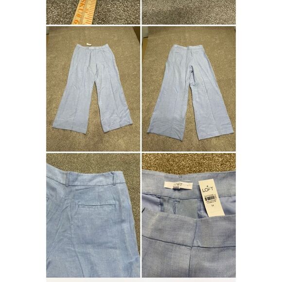 Loft wide leg trouser womens size 14 high rise blue linen blend pants nwt - Picture 1 of 12